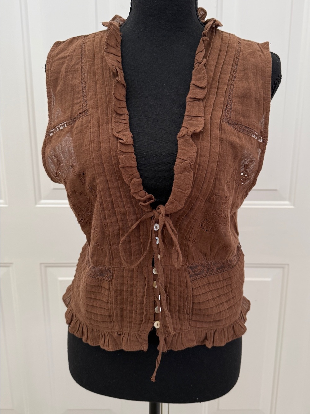 Zara Brown Ruffled tie-front v-neck gauze Blouse